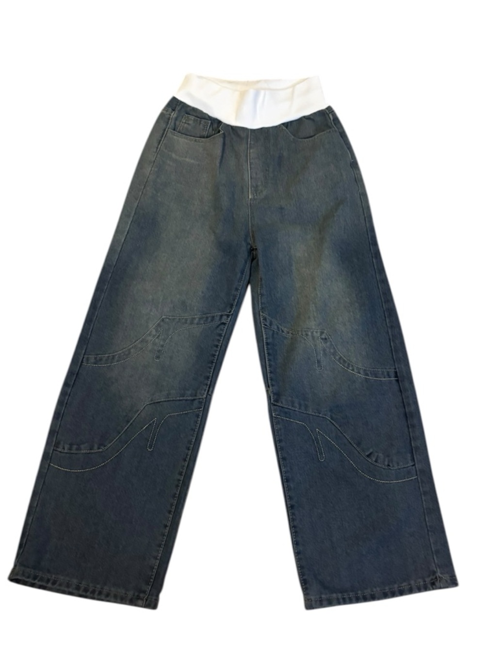 Trendy Dark Blue Wide-Leg Flare Jeans with White Waist Band Size XS
